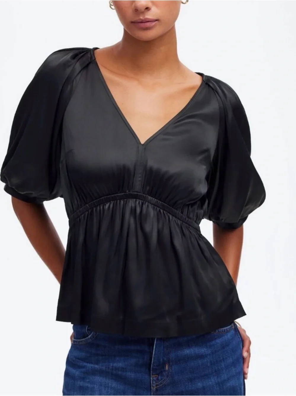 Madewell Women's Black V-Neck Puff Sleeve Top